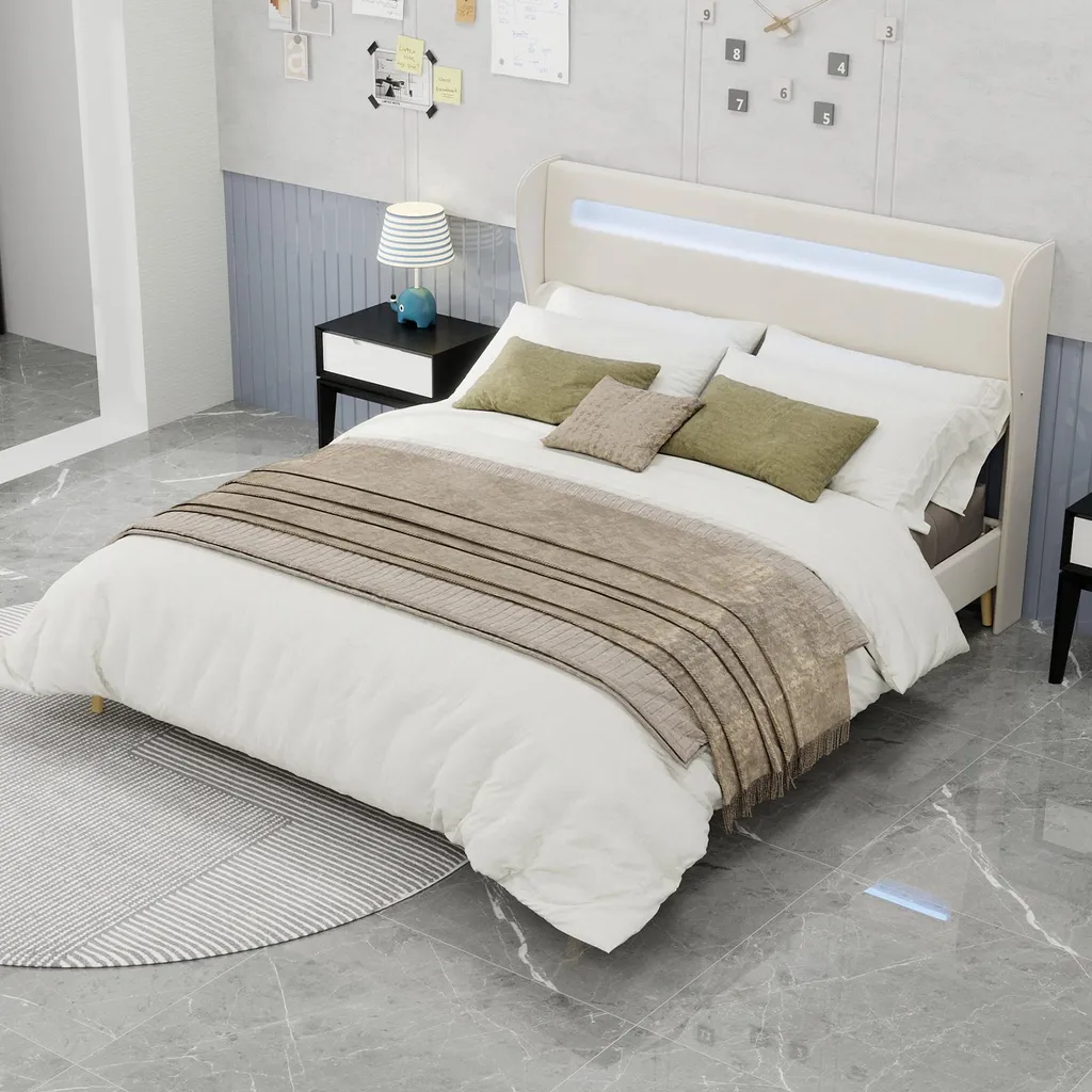 Lit rembourré 160x200 cm avec LED et tête de lit beige okwish moderne
