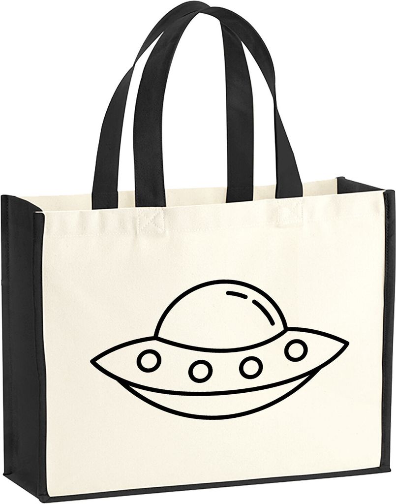 Huuraa Jutetasche Raumschiff UFO 21 Liter Black Jute und Baumwolle Einkaufstasche Geschenkidee