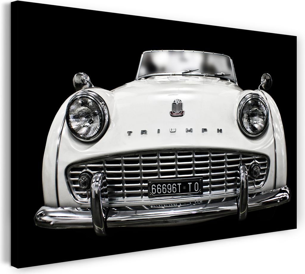 Leinwandbild (100x70cm): Autobilder Oldtimer Triumph weiß, echter Holz-Keilrahmen inkl. Aufhänger, handgefertigt in Deutschland