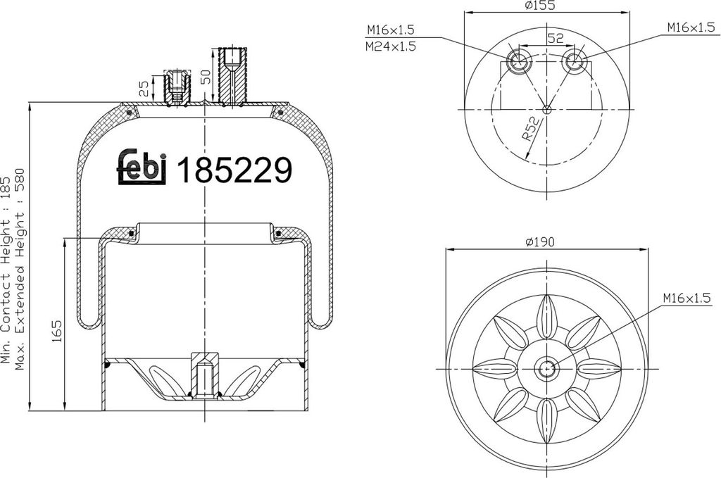 FEBI BILSTEIN Luftfederbalg Federbalg 185229 Hinten passend für MERCEDES-BENZ ACTROS 580 185mm 155 190mm