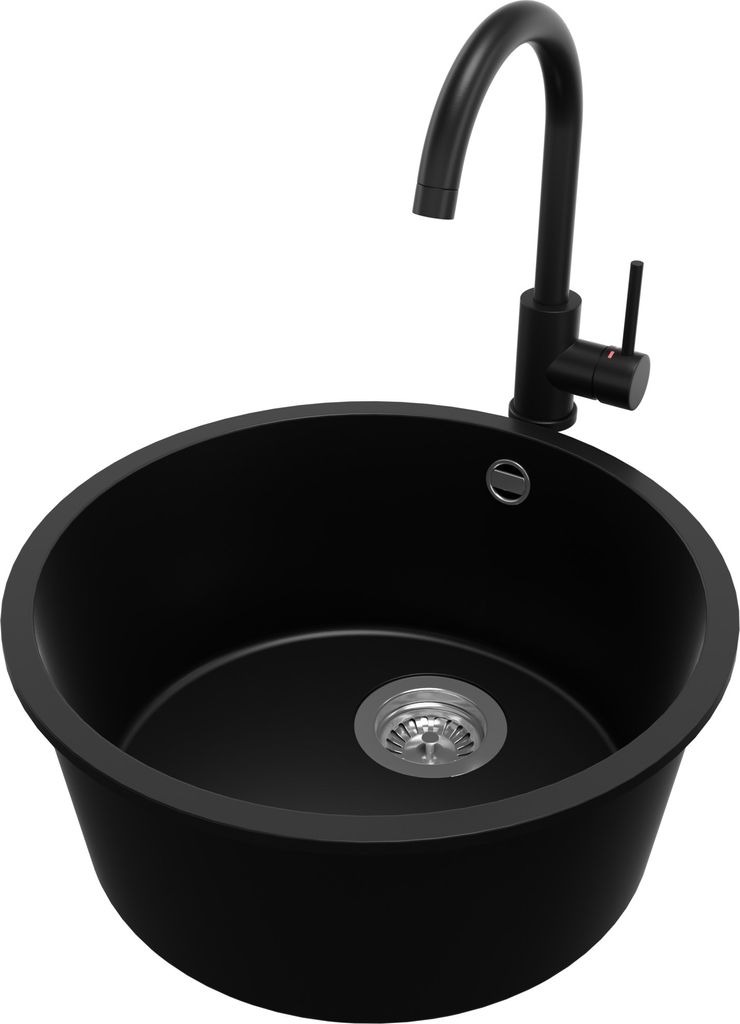PRIMAGRAN Unterbauspüle Granit Schwarz 46x46cm, Spülbecken 1 Becken + Küchenarmatur 32x20cm + Ablauf-Set, Granitspüle ab 50er Unterschrank - Va...
