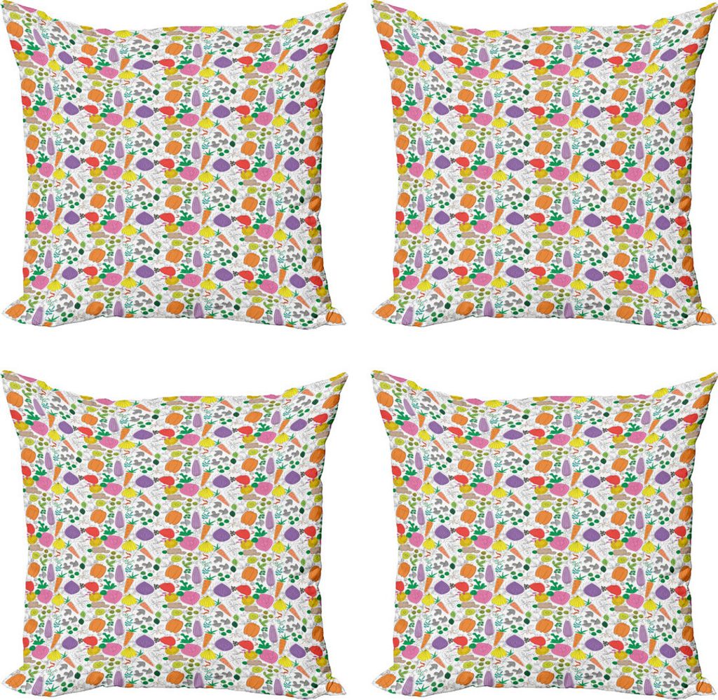 ABAKUHAUS Gemüse Kissenbezug Set (4 Stück), Childish Drawing Lebensmittel, Moderner Doppelseitiger Digitaldruck, 45 cm x 45 cm, Mehrfarbig
