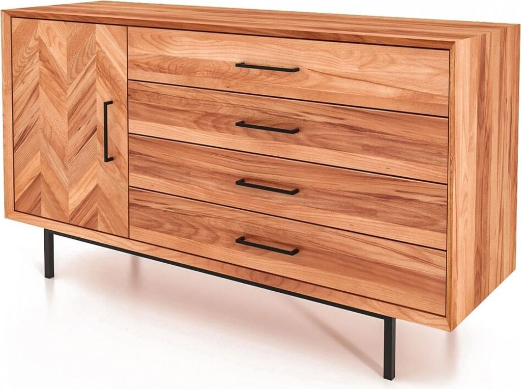 Kommode Seiba Kernbuche massiv 144x45x80 mit 1 Tür 4 Schubladen Fischgrätmuster