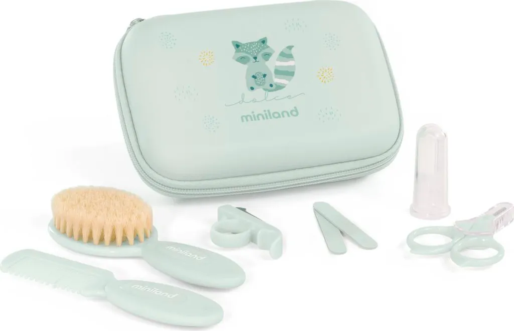 Kit de soins Miniland bébé 8 pièces avec trousse de toilette bleue