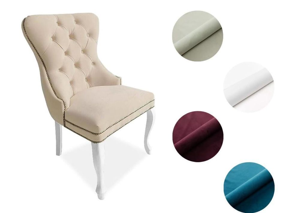 Chesterfield Stuhl MADAME 2 – eleganter Polsterstuhl im Glamour-Stil, Samt Beige, Holzbeine in Weiß, Komfortsitz mit Wellenfedern