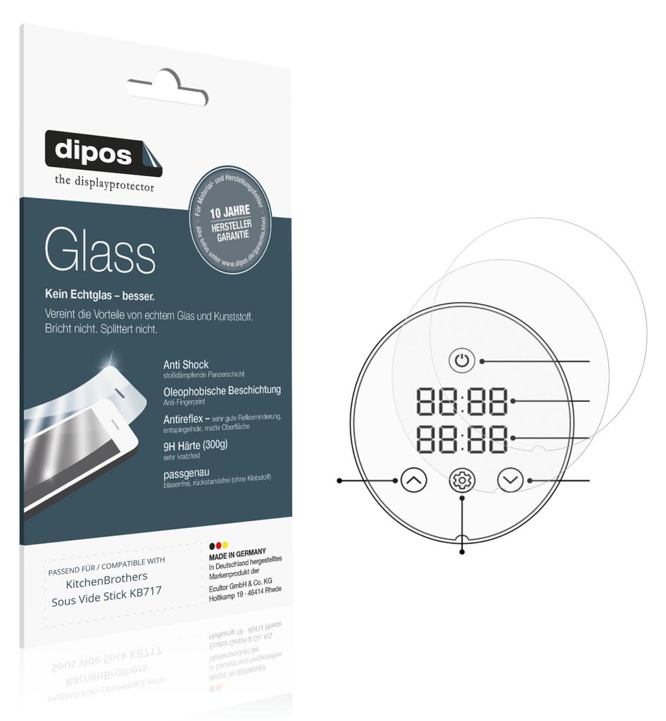 2x Schutzfolie für KitchenBrothers Sous Vide Stick KB717 matt - Anti-Shock 9H Folie dipos Glass Kunststoffglas