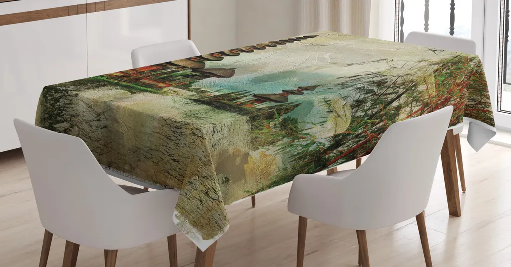 ABAKUHAUS Tovaglia in guazzo, dipinto paesaggistico balinese, facile da pulire grazie alla più moderna tecnologia di stampa, lavabile e personalizzata, 140 x 240 cm, Dusk Pale Khaki