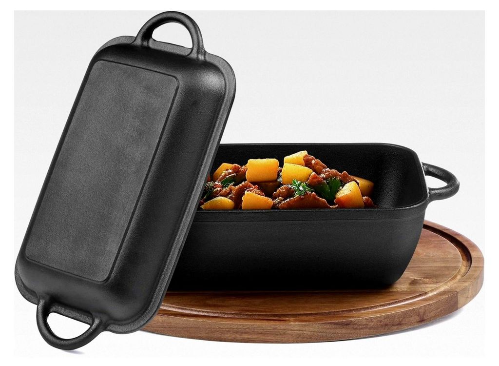 Rechteckiger Dutch Oven - Gusseisentopf mit Deckel - Zum Kochen und Brotbacken sowie für das BBQ - Schmortopf für alle Herdarten - 3,8 l Kapazit...