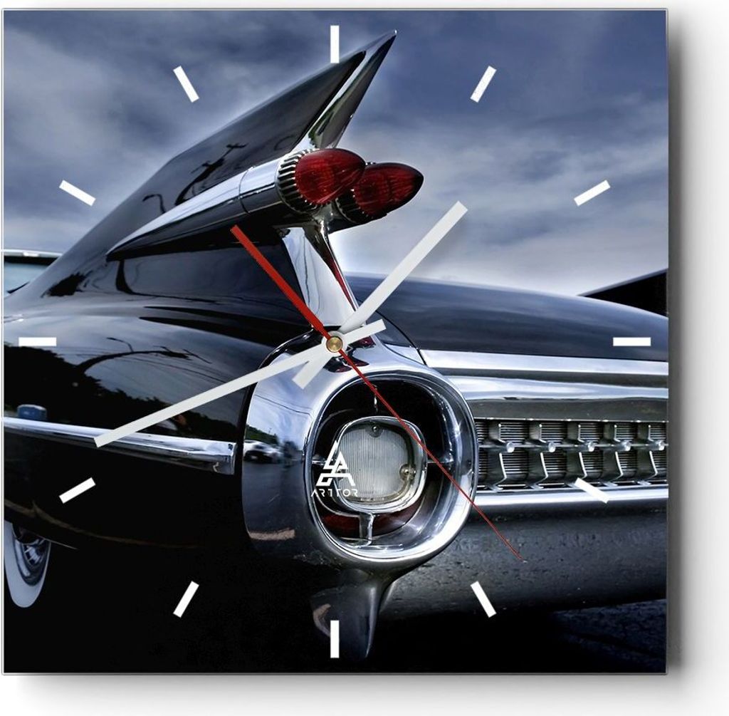 Wanduhr - Quadrat - Glasuhr - Auto Retro Himmel - 30x30cm - Schleichendes Uhrwerk - Lautlos - zum Aufhängen bereit - Dekoration Modern - Wanddekor...