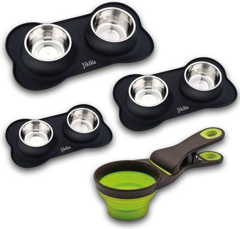 Tierfutterbehälter mit doppeltem Boden in Edelstahl aus Anti-Slip-Silikon, Futter- und Wasserdispenser mit Maßlöffel für Hunde und Katzen, 200 ...