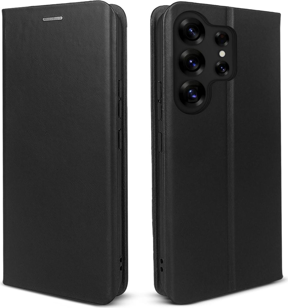 Two views of a black leather flip phone case for a Samsung Galaxy S25 Ultra.