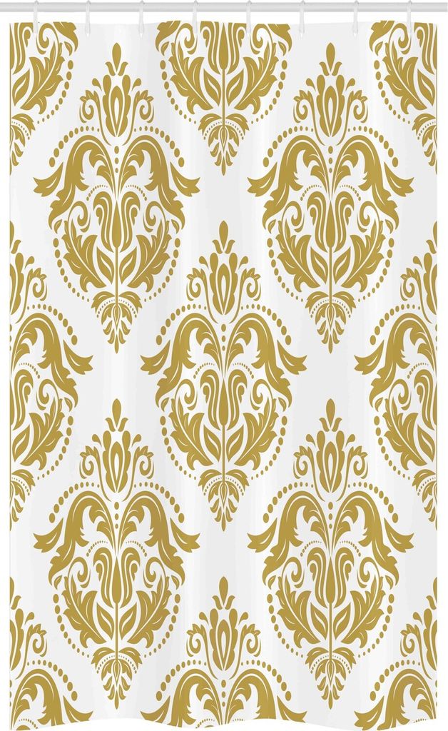ABAKUHAUS Damast Schmaler Duschvorhang, Victorian Klassik-Liebhaber, Badezimmer Deko Set aus Stoff mit Haken, 120 x 180 cm, Gelb und Weiß