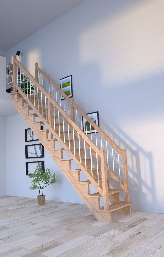 Holztreppe Lindos (Eiche) in gerader Ausführung-80 cm-Holz-Edelstahl Geländer-beidseitig-ohne Setzstufen