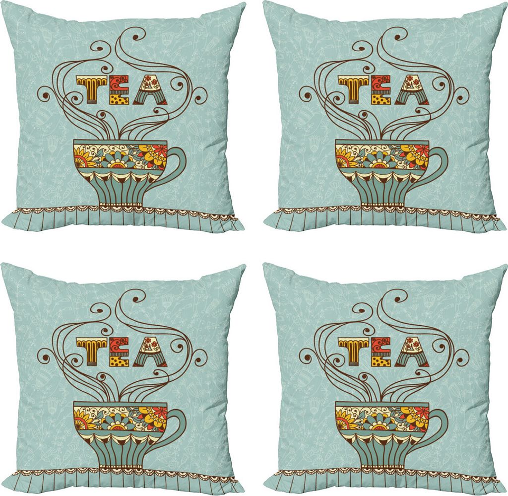 ABAKUHAUS Tee Kissenbezug Set (4 Stück), Cup Blumenzierlinien, Moderner Doppelseitiger Digitaldruck, 60 cm x 60 cm, Mehrfarbig