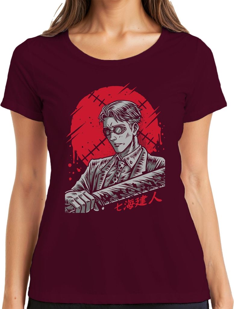 Samurai Katana Anime Yakuza Gentleman Blut Noir Steampunk Retro Damen T-Shirt, Burgundy, XXL