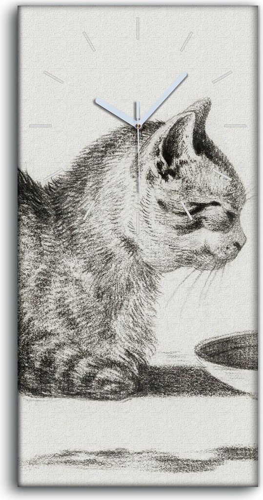 Wanduhr Uhr Wandbild Leinwand Geräuschlos 30x60 Zeichnung Tier Katze Kunst - weiße Hände