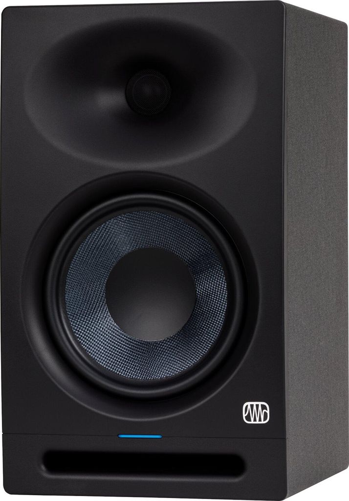 A black studio monitor speaker with a blue woofer and a silver logo on the front.