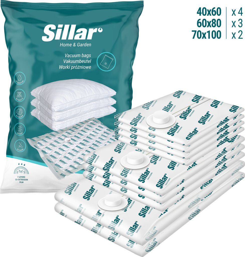Sillar-Vakuumbeutel-Satz mit 9 Teilen Größen: 40x60 60x80 70x100 | Staubsaugerbeutel-Set zur Aufbewahrung von Kleidung, Bettzeug