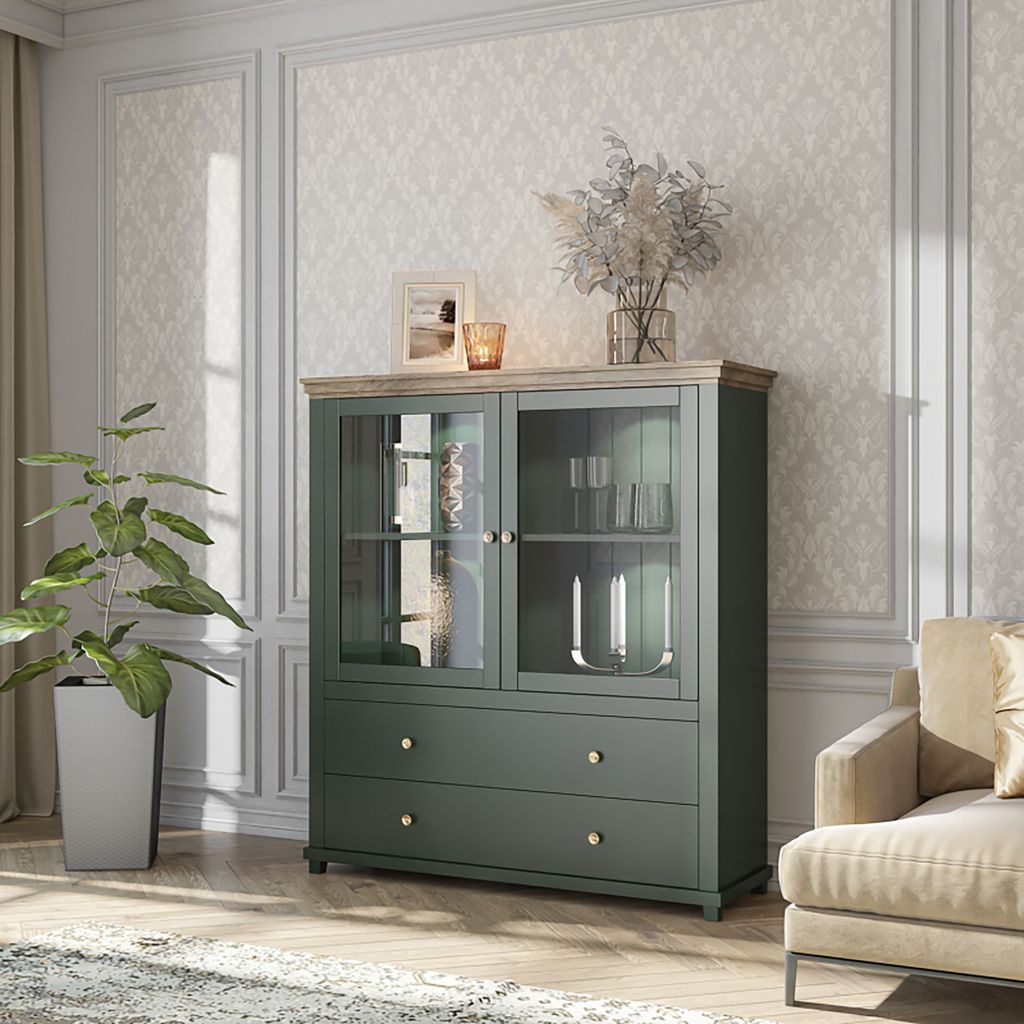 Masseno Kommode EVANDRO 126 cm Highboard mit 2 Schubladen und 2 Türen für Wohnzimmer Schlafzimmer Modern 126x42x138 cm Grün / Grün