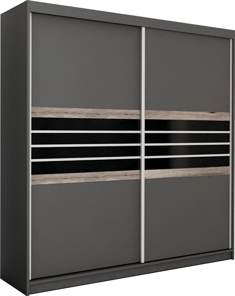 Furniture24 Kleiderschrank TURYN 203 Schlafzimmer 2 Türiger Schwebetürenschrank Schrank mit Schiebetür 1 Kleiderstange 8 Einlegeboden Lava/Schwa...