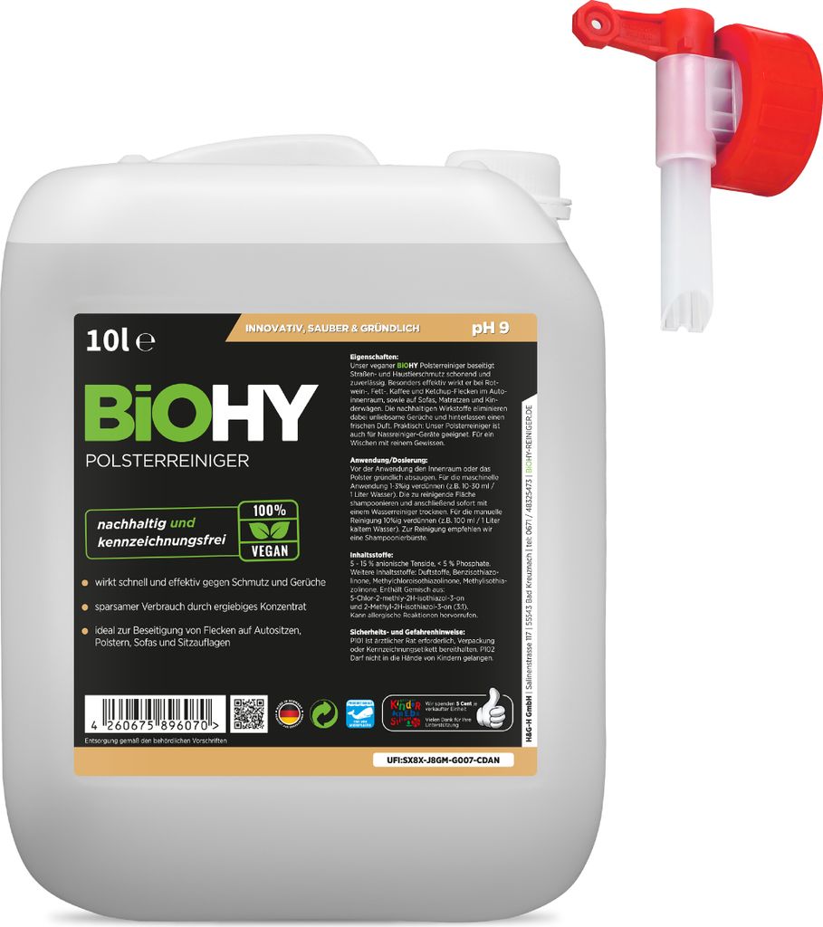 BiOHY Spezial Polsterreiniger (10l Kanister) + Auslaufhahn | Ideal für Autositze, Sofas, Matratzen etc. | Ebenfalls für Waschsauger geeignet