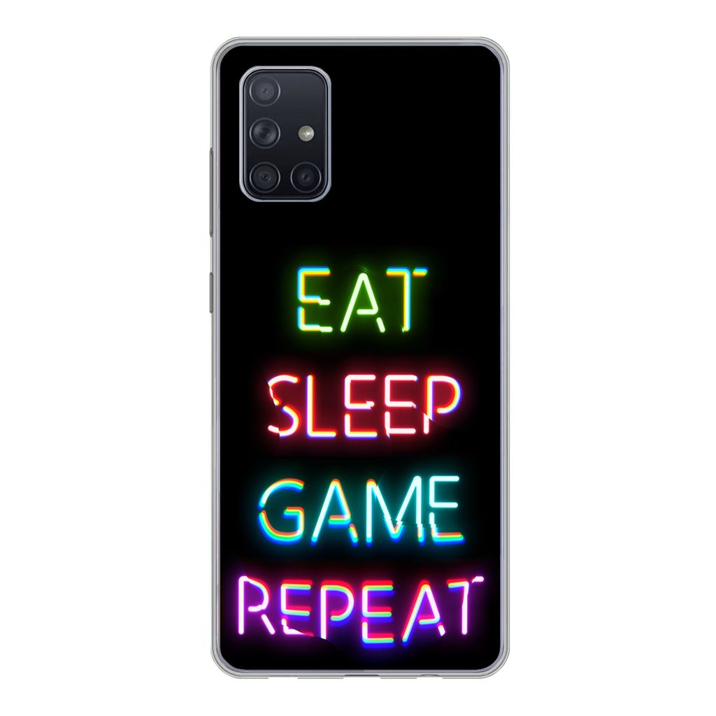 MuchoWow Handyhülle Schutzhülle Hülle für Samsung Galaxy A51 5G Gaming - Led - Zitat - Eat sleep game repeat - Gaming Silikon Softcase Handy ...