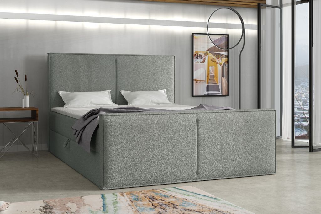 Emoebel24 Boxspringbett mit Topper und Bettkasten, Polsterbett, Doppelbett, Bett 120x200 cm Calipso Grau