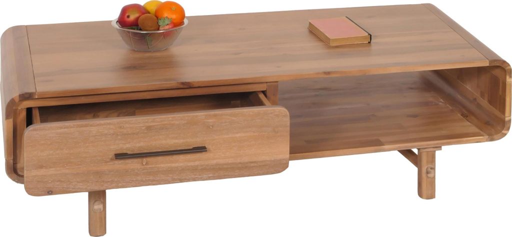 Couchtisch HWC-M47, Wohnzimmertisch Beistelltisch Sofatisch, Schublade, Akazie Massiv-Holz gebeizt 44x125x60cm 25kg