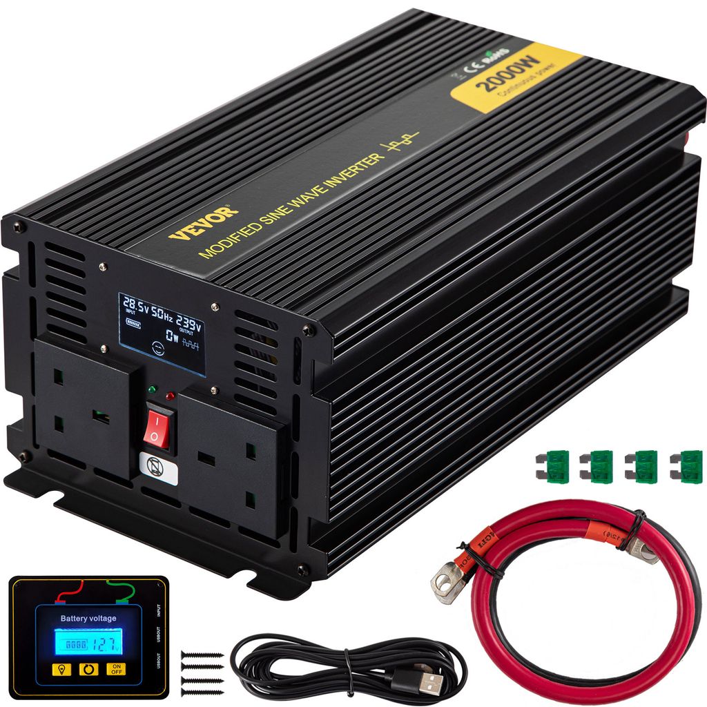 VEVOR Modifizierter 2000 W Wechselrichter Spannungswandler DC 24 V auf AC 240 V Dauerleistung Inverter Stromumwandler LCD-Fernbedienung 0,15 A LED-...