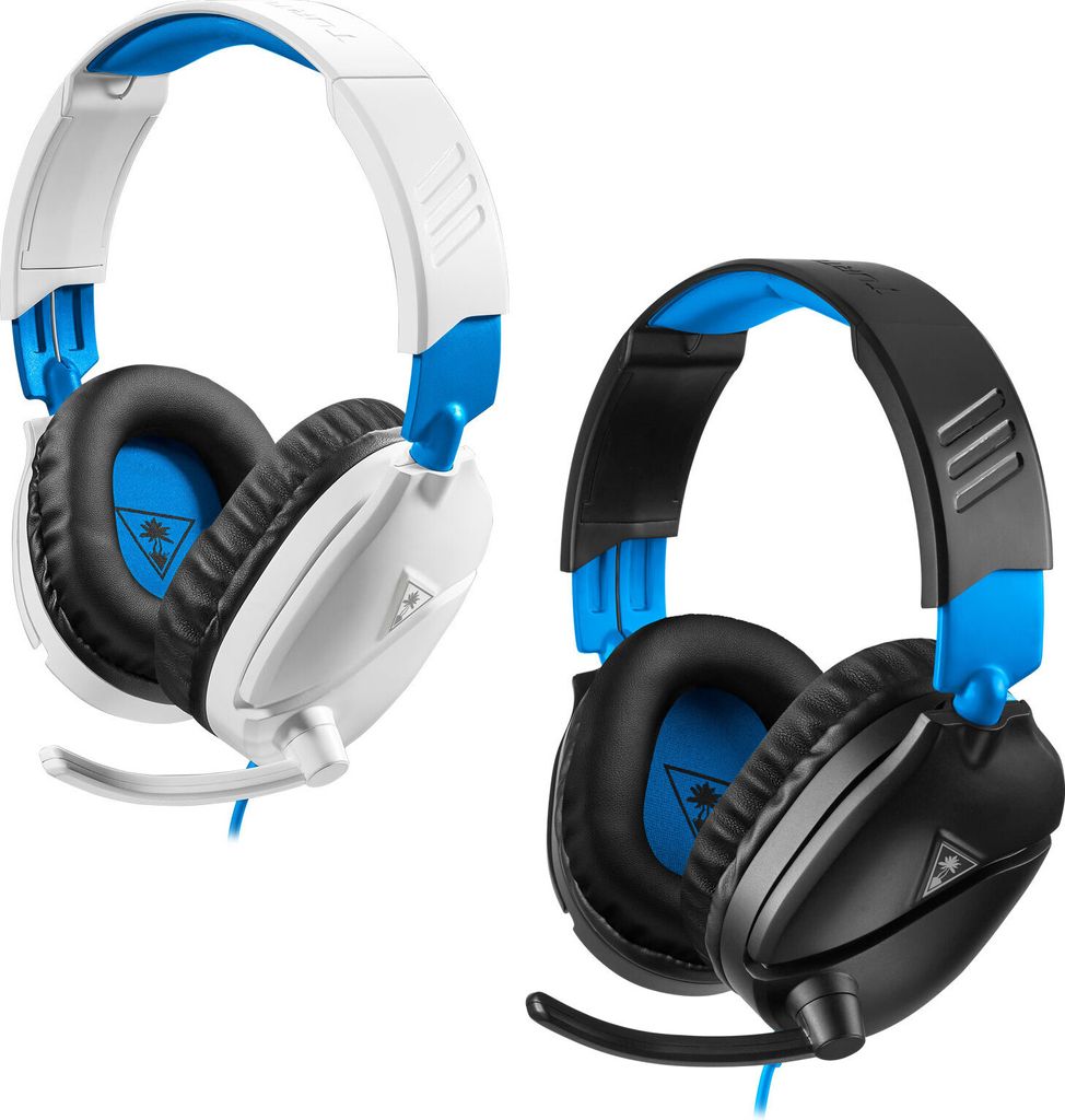 Two gaming headsets, one white and blue, the other black and blue, are shown side-by-side against a white background.
