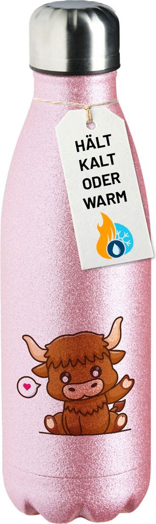 Huuraa Trinkflasche Schottisches Hochlandrind Zottelrind 500ml Pink Edelstahl Wasserflasche Trinkflasche Geschenkidee