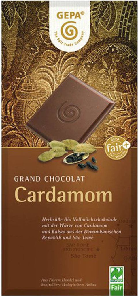 A chocolate bar wrapper with an image of a chocolate bar and cardamom pods.