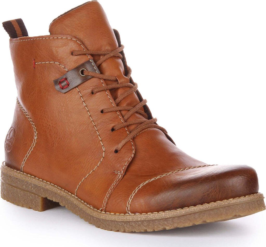 A single brown leather boot is shown against a white background.