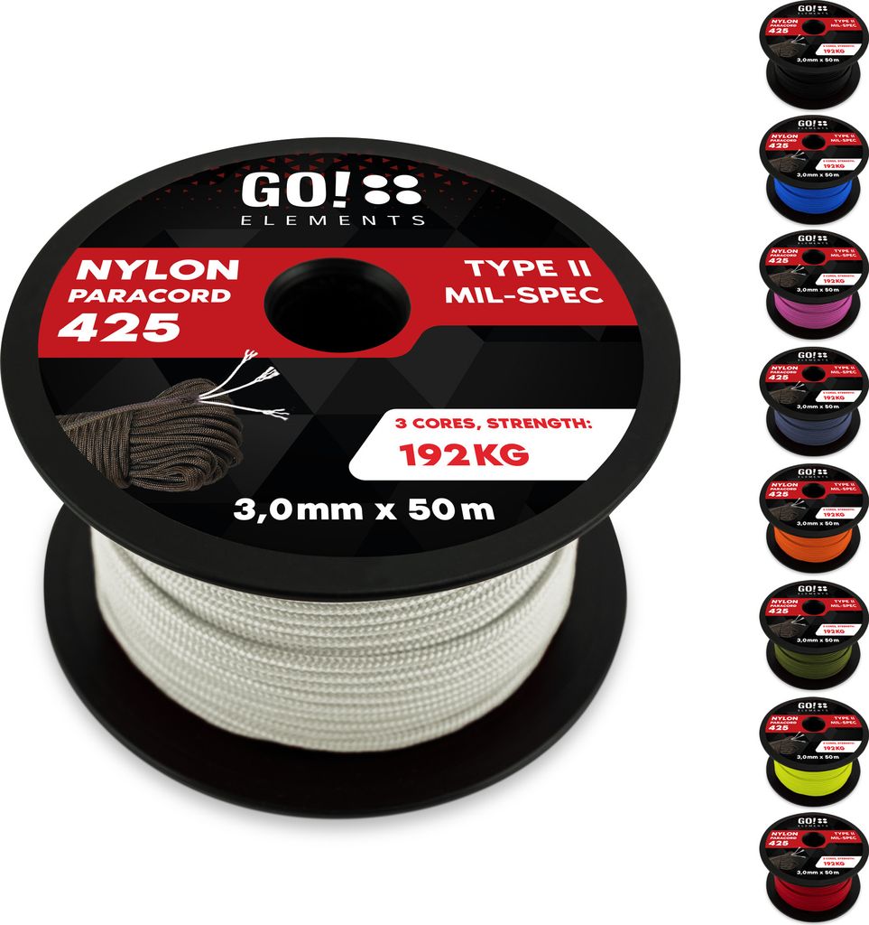 GO!elements 50m Paracord Seil aus reißfestem Nylon - 3mm Paracord 425 Typ II max. 192kg - Schnüre als Outdoor Seil, Allzweckseil, Survival Seil, ...
