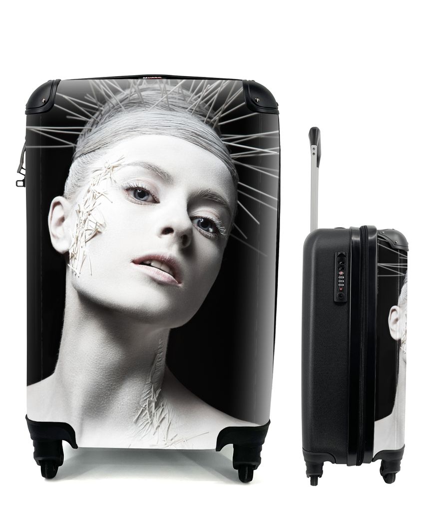 MuchoWow Koffer Handgepäck Trolley Rollkoffer Kleine Reisekoffer mit 4 Rollen - Frau - Schwarz - Weiß - Krone - Cabin Size < 55x40x23 cm & 55x4...