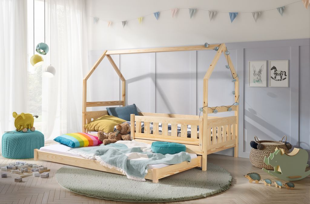 KEF LILY Kinderbett 90x190 cm Hausbett für Zwei Kinder Bodenbett aus Holz Babybett mit Zwei Matratzen Jugendbett Naturbelassen