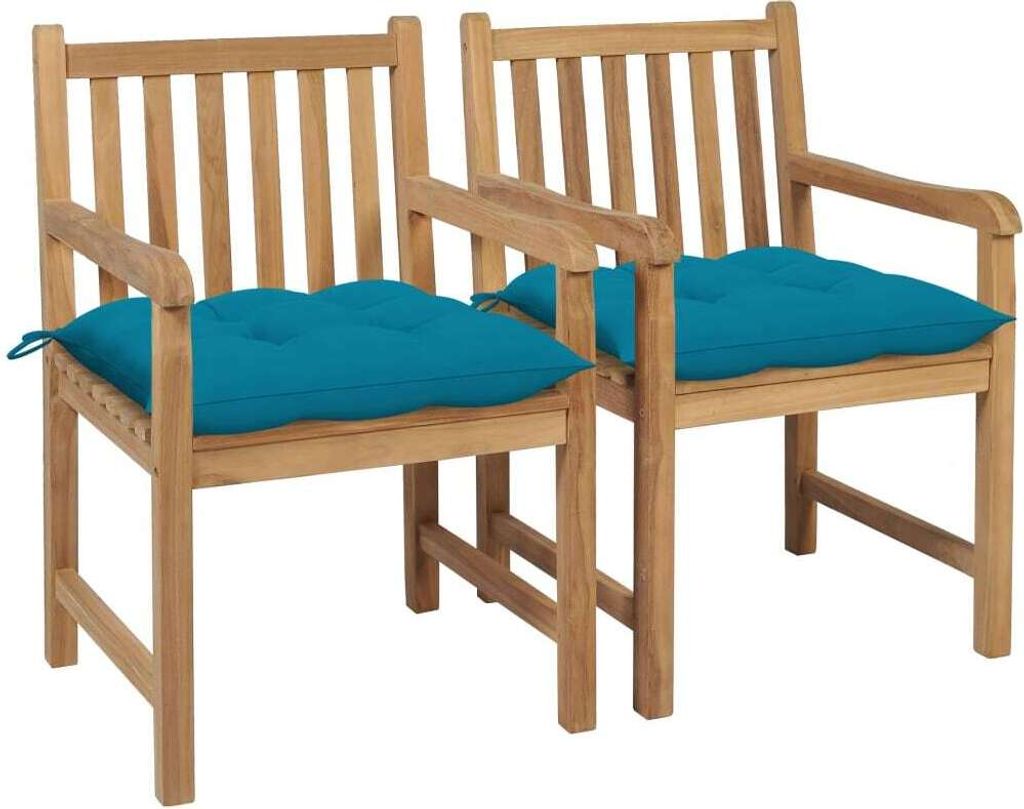 Gartenstühle 2 Stk. mit Hellblauen Kissen Massivholz Teak