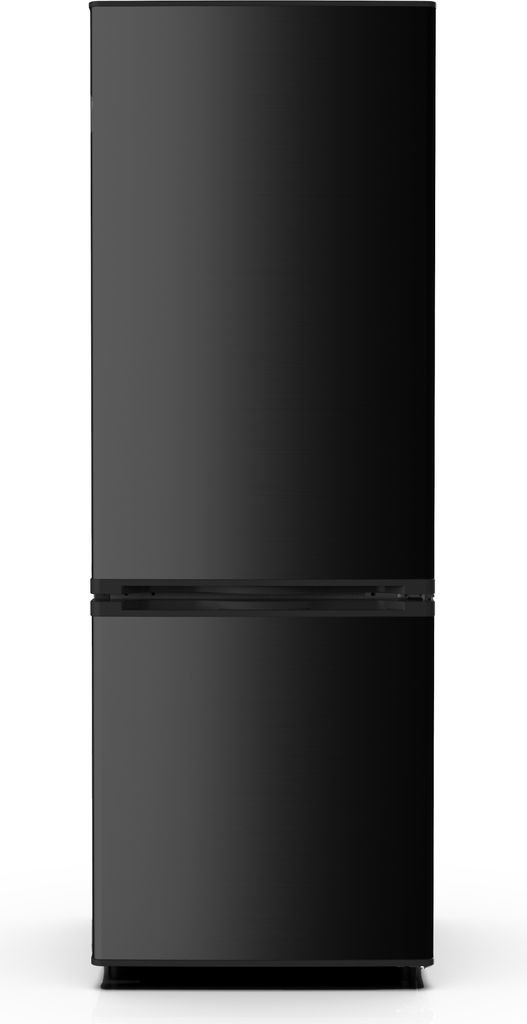 A full-shot studio image of a black refrigerator-freezer combination.