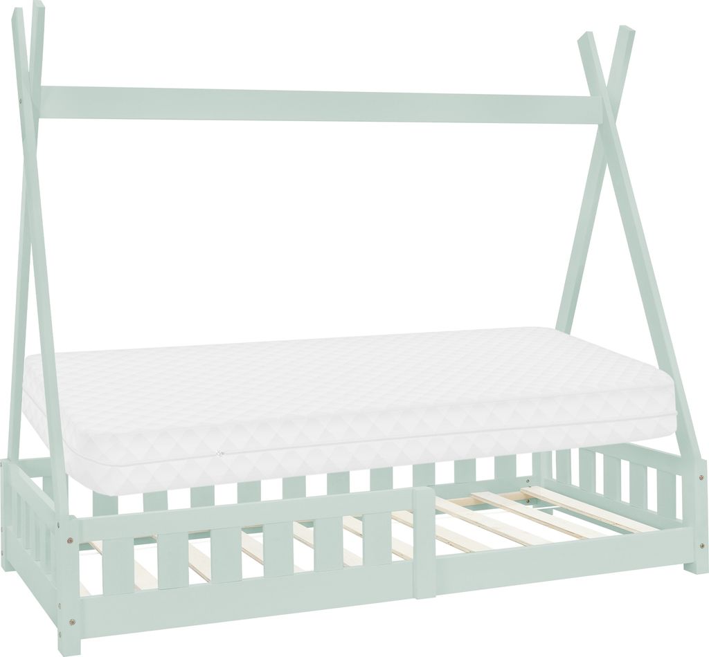 A mint green tipi-style children's bed with a mattress and slatted base, shown against a white background.