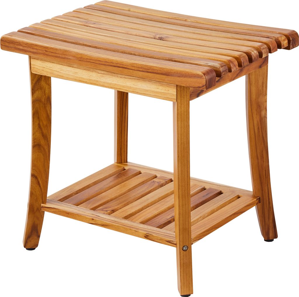 A wooden shower bench with a shelf.