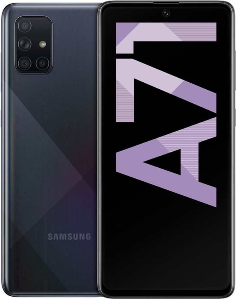 A Samsung Galaxy A71 smartphone is shown from the front and back.