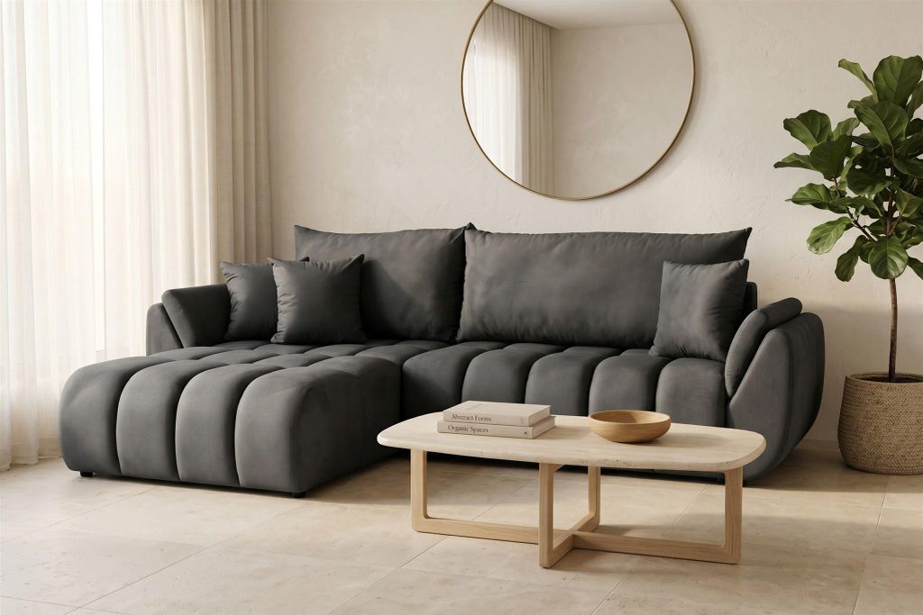 Ecksofa Schlafsofa Sofa COLLIN in Stoff Monolith Dunkelgrau Ottomane Links
