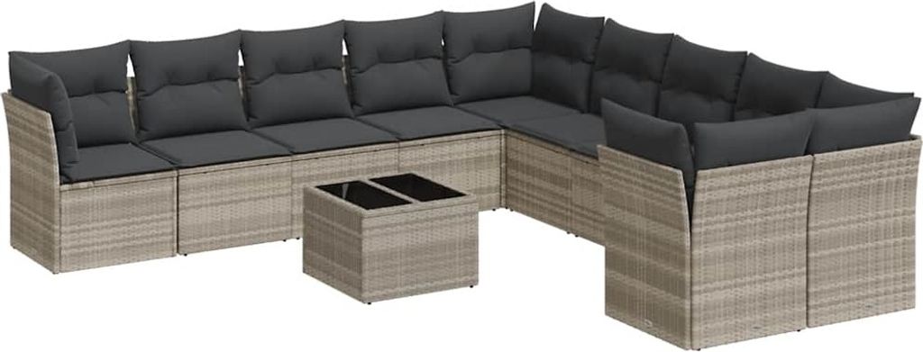vidaXL 11-tlg. Garten-Sofagarnitur mit Kissen Hellgrau Poly Rattan