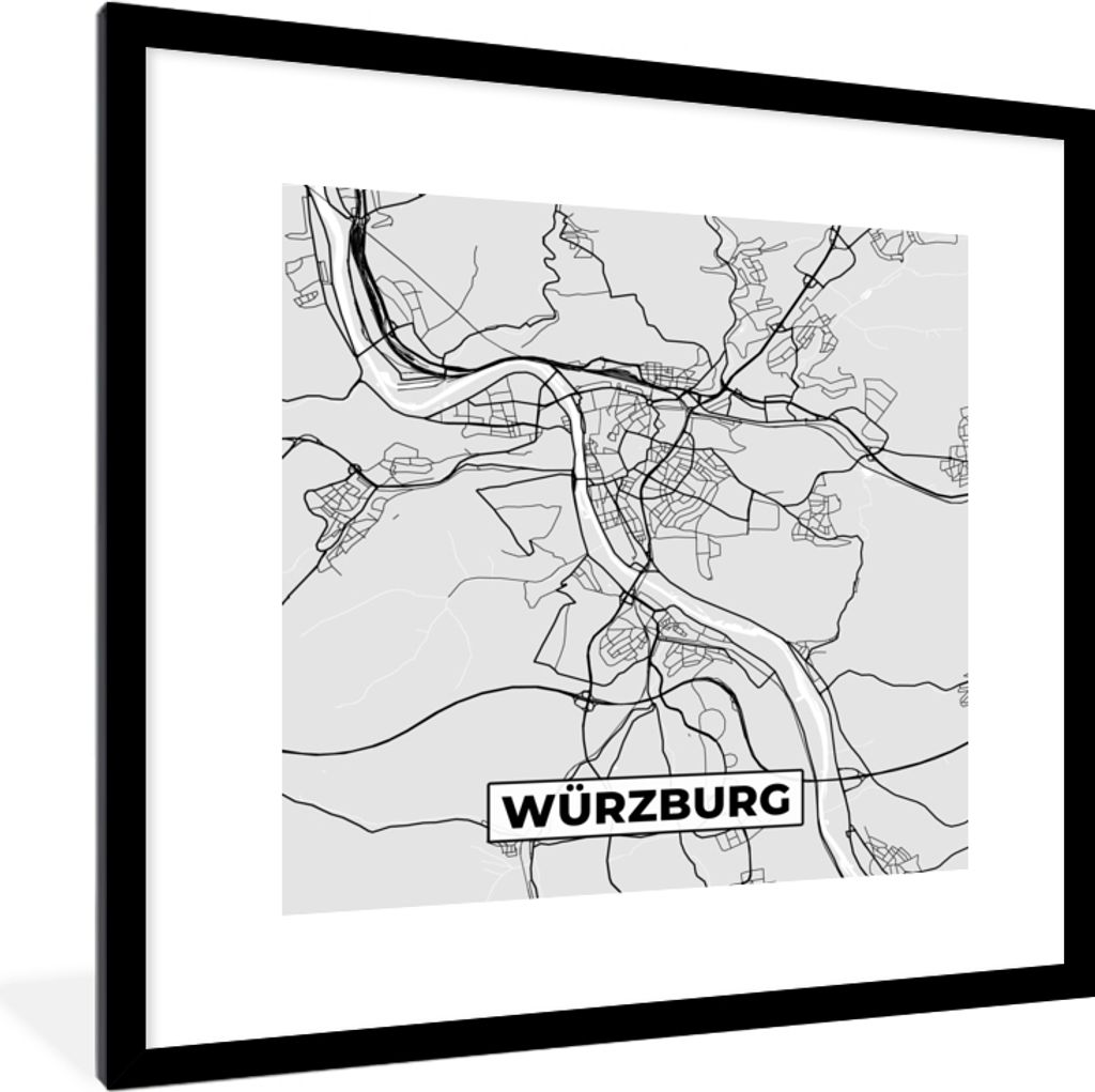 MuchoWow Gerahmtes Poster Deutschland - Stadtplan - Würzburg - Karte 40x40 cm - Poster mit Schwarzem Bilderrahmen Wandposter Rahmen Foto Bilder ...
