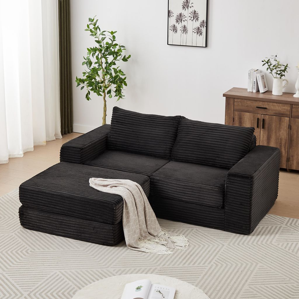 Modulares Cord-Schlafsofa 2-in-1, Corduroy Sofa mit Hocker & 2 Kissen, Ecksofa mit flexibler Konfiguration, Schlafcouch für Wohnzimmer, Schwarz