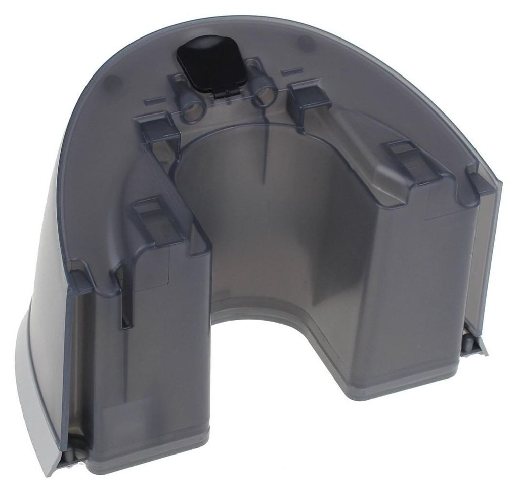 A transparent gray plastic water tank for a steam generator.