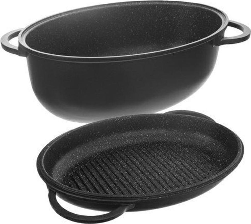 A black oval baking dish and a black oval grill pan are shown against a white background.
