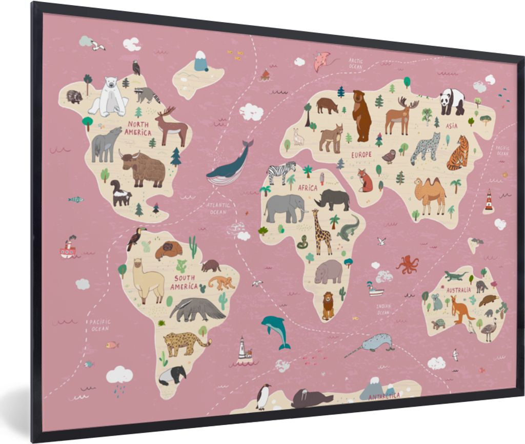 MuchoWow Gerahmtes Poster Weltkarte Kinder - Tiere - Erde - Jungen - Mädchen - Rosa 60x40 cm - Poster mit Schwarzem Bilderrahmen Wandposter Rahm...
