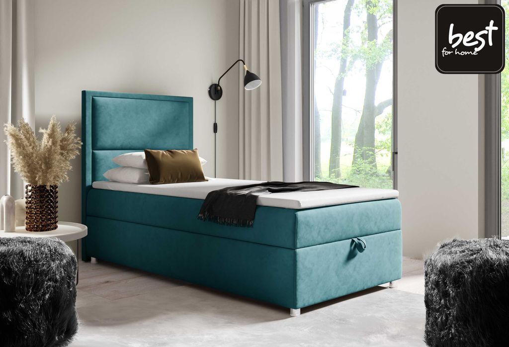 Best for Home Boxspringbett mit Bettkasten Trinity K11-SINGLE 90x200 Bonellfederkern inkl. Topper - Turkis