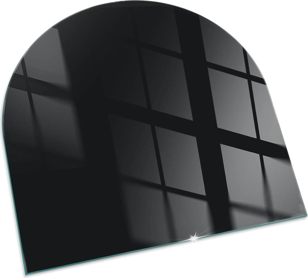 A dark, semi-circular glass hearth plate with reflections of a grid pattern.